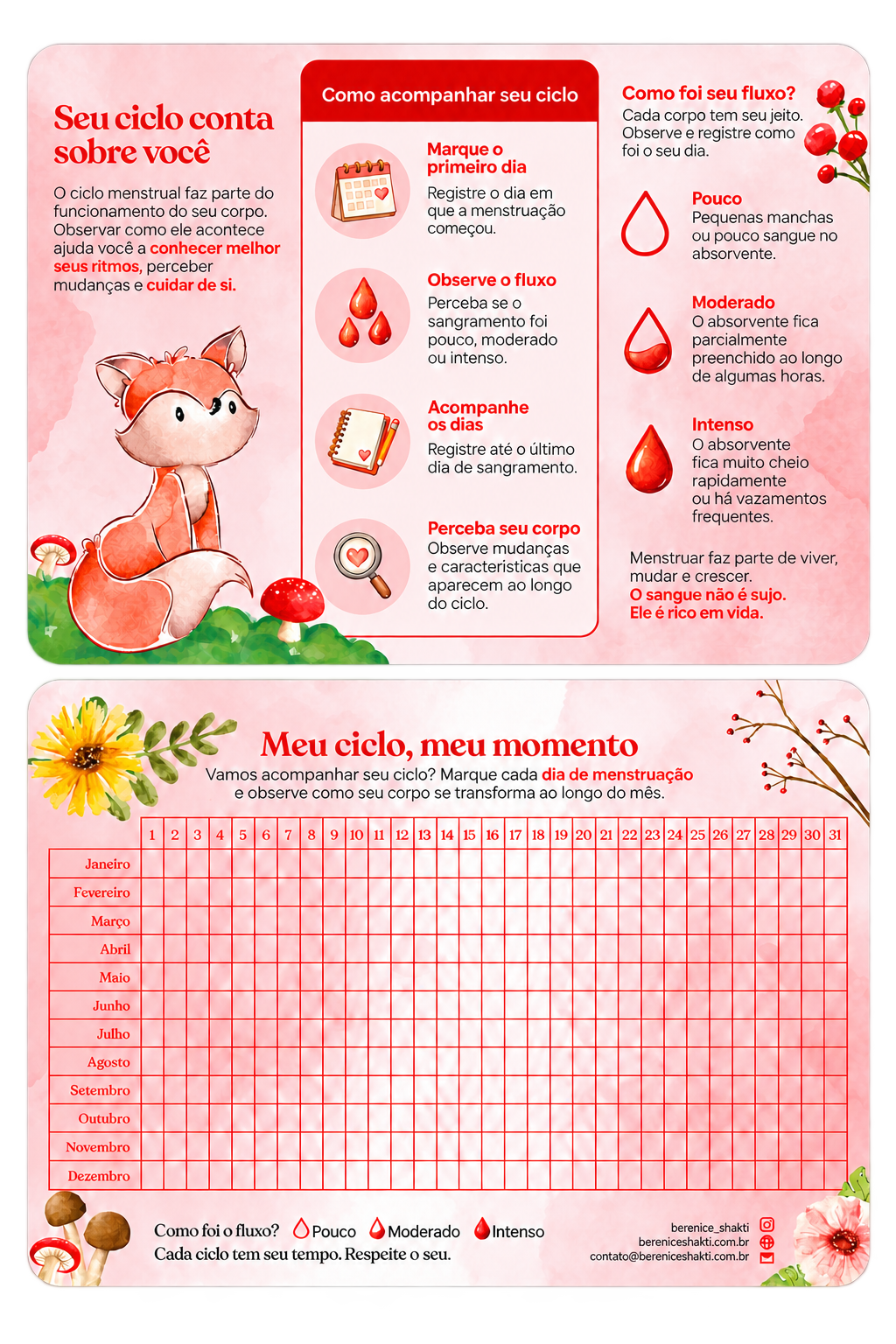 3 — Calendário menstrual frente e verso empilhados, guia acima e calendário abaixo