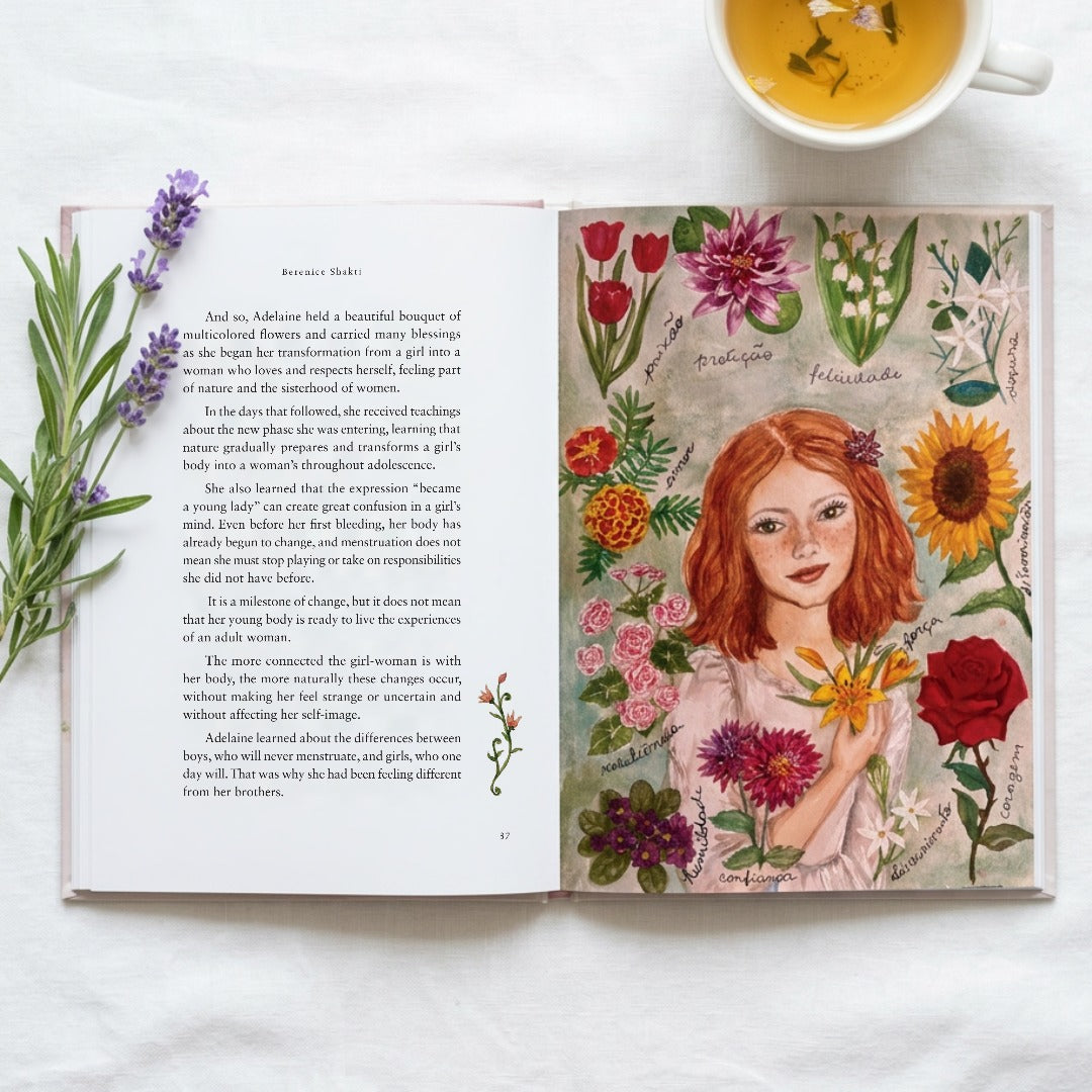 Adelaine's Diary, edição em inglês: livro aberto com ilustração de Adelaine