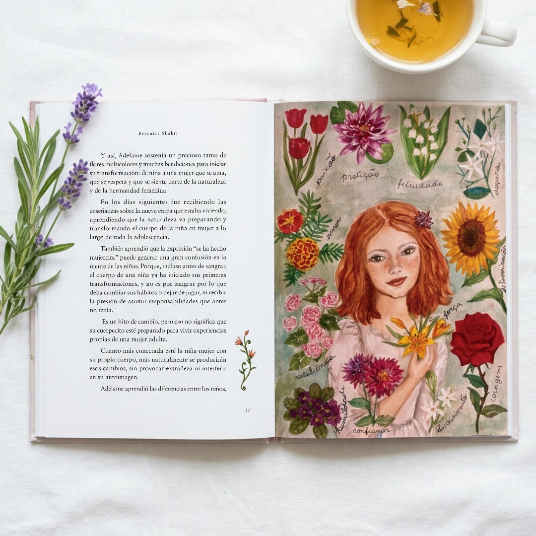 El Diario de Adelaine, edição em espanhol: livro aberto com ilustração de Adelaine